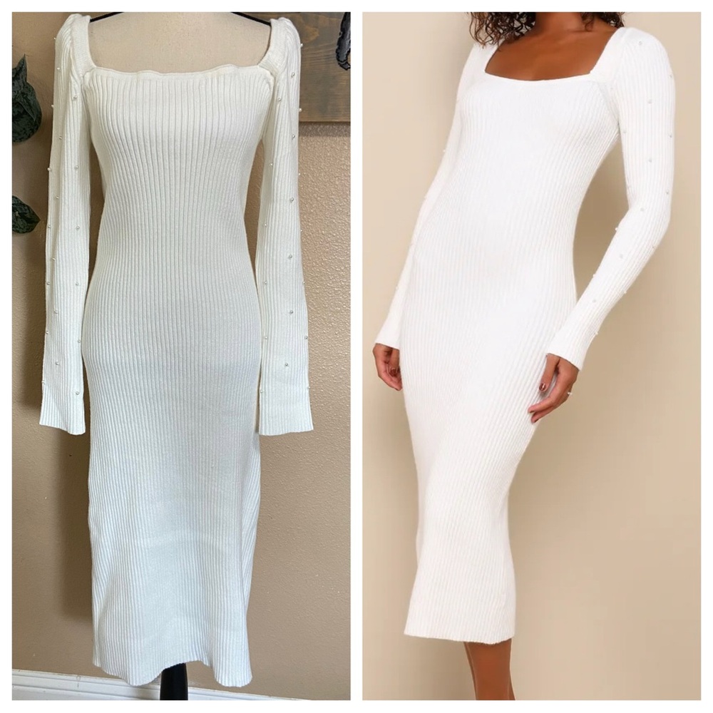 NWOT Lulus Gleaming Babe White Ribbed Knit Pearl Midi Sweater Dress